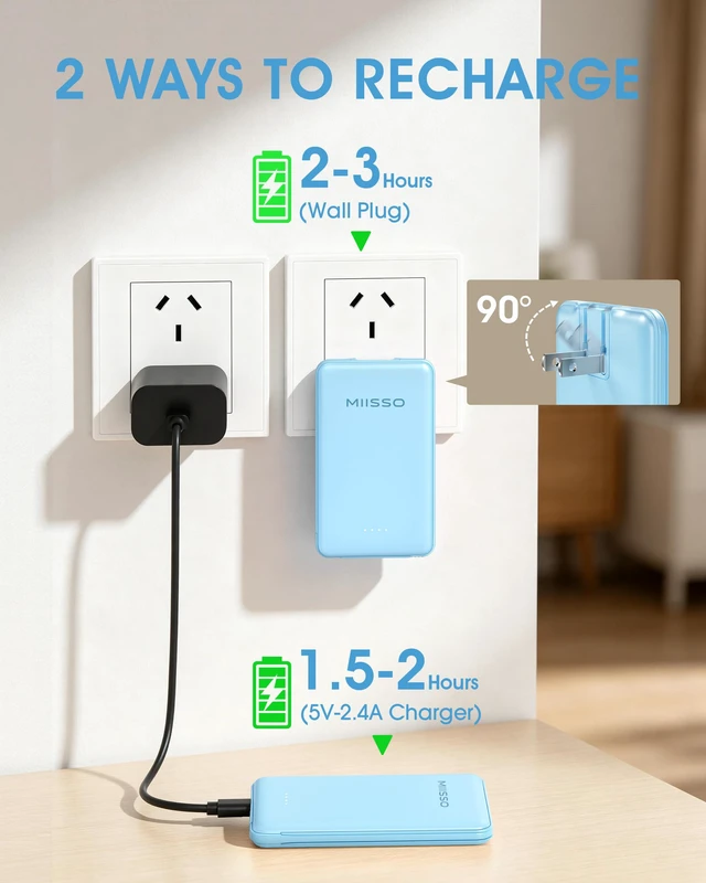 Alt view image 4 of 7 - miisso Ultra Slim 5000mAh Power Bank, Built-in Cables & AC Plug,Blue | Pocket Size Portable Charger,Mini Phone Charger,Travel Essential,USB C External Battery Pack Compatible with iPhone,Samsung