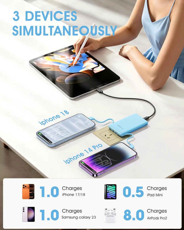 Alt view image 5 of 7 - miisso Ultra Slim 5000mAh Power Bank, Built-in Cables & AC Plug,Blue | Pocket Size Portable Charger,Mini Phone Charger,Travel Essential,USB C External Battery Pack Compatible with iPhone,Samsung