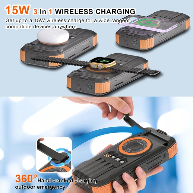 Alt view image 2 of 7 - Solar Power Bank 49800mAh, 15W 3-in-1 Wireless Charger, 25W Fast Charging USB C Portable Charger, Solar & Hand Crank External Battery with LED Flashlight for Camping Outdoor Emergency iPhone Android