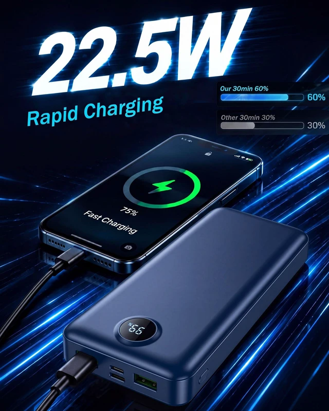 Alt view image 3 of 7 - Portable Charger Power Bank 27000mAh 22.5W Fast Charging USB C Battery Pack | External Battery Bank Digital Display Phone Charger with 3 Output & 2 Input for iPhone 18/17/16/15/14/13/12, Samsung etc