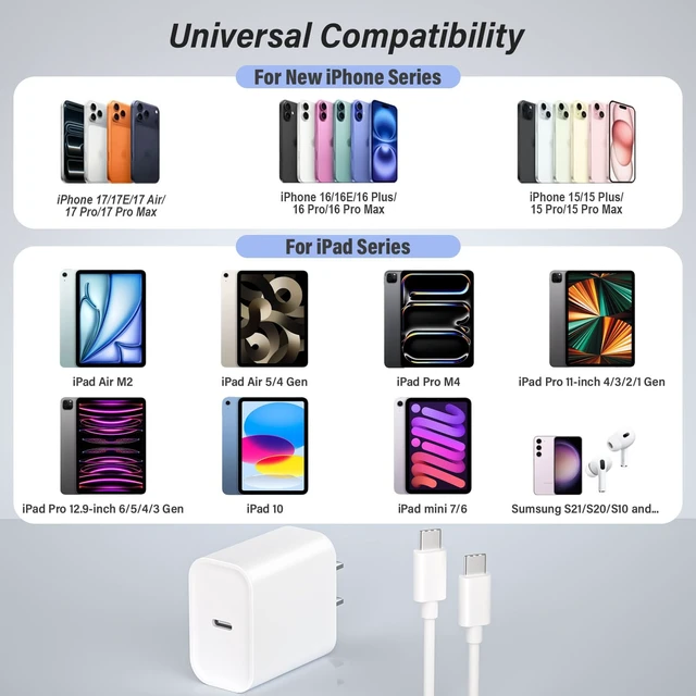 Alt view image 2 of 7 - Fast USB C Charger Block, 3Pack Long 6FT USBC to USBC Cable iPad Cord 20W iPhone 18 Pro Max Charger Travel Plug Fast Charging for iPhone Duo/18 Pro/17/17 Air/17 Pro/16/16e/16 Pro/15/15Pro/Pro Max,iPad