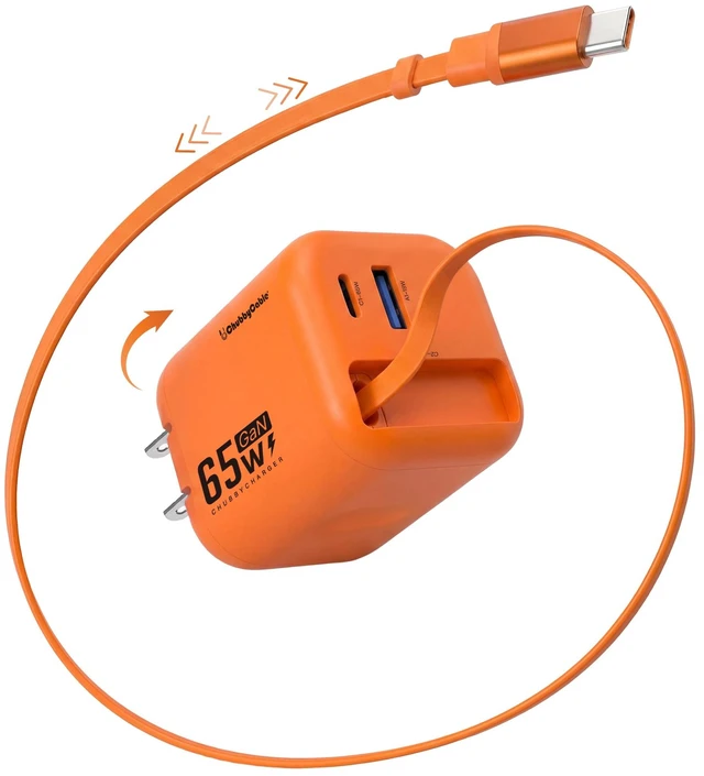 Main image of ChubbyCable 65W GaN Wall Charger with Retractable USB C Cable, Orange | Retractable Wall Charger for iPhone 18 Pro Max, 2.3 ft USB C Cable&2 Ports, Multiple Devices Charging Block for iPad, Galaxy