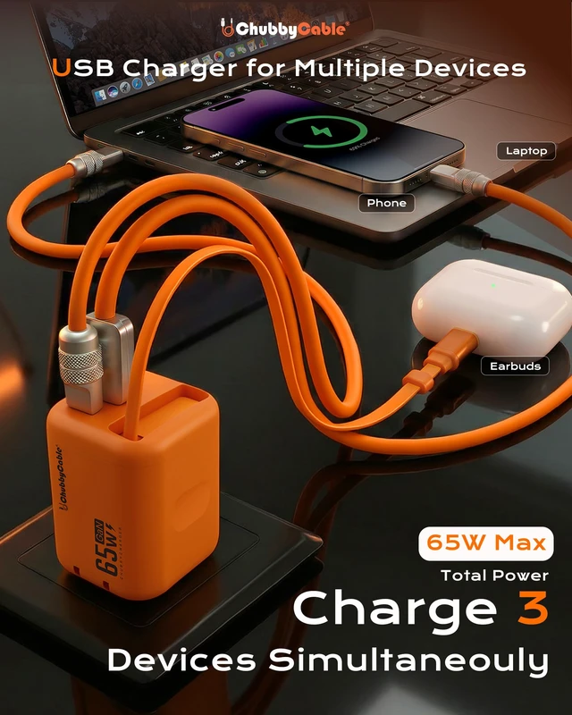Alt view image 3 of 7 - ChubbyCable 65W GaN Wall Charger with Retractable USB C Cable, Orange | Retractable Wall Charger for iPhone 18 Pro Max, 2.3 ft USB C Cable&2 Ports, Multiple Devices Charging Block for iPad, Galaxy