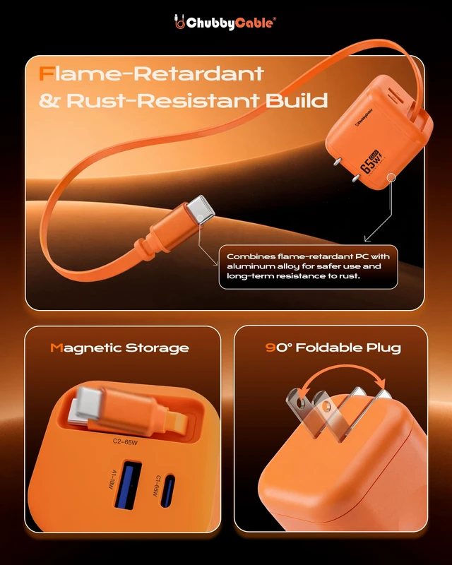 Alt view image 5 of 7 - ChubbyCable 65W GaN Wall Charger with Retractable USB C Cable, Orange | Retractable Wall Charger for iPhone 18 Pro Max, 2.3 ft USB C Cable&2 Ports, Multiple Devices Charging Block for iPad, Galaxy