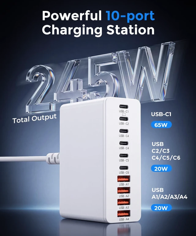 Alt view image 2 of 6 - Roruite USB C Charging Station 10 Port with 4 Cables,245W GaN Charger Block | Type C Wall Charger Power Strip Adapter Plug for iPad iPhone18 17 16 15 14 13 12 Pro Max Pixel Note Galaxy White