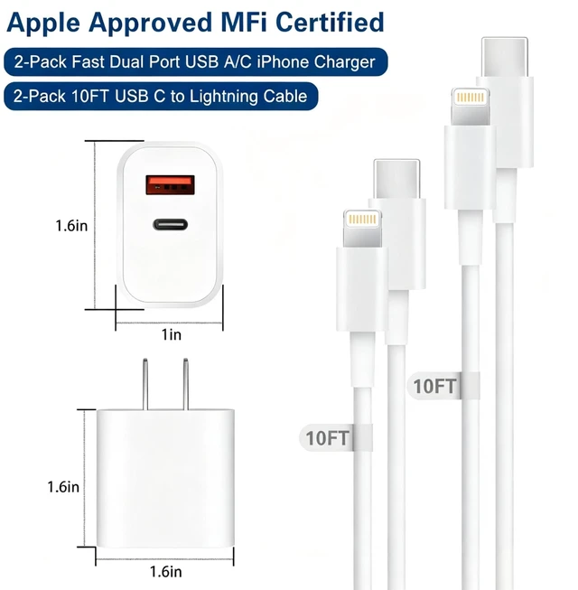 Alt view image 7 of 7 - Fast Charger iPhone,Dual Port A/C iPhone Charger Fast Charging Block,2Pack Super Quick Double Apple iPhone Wall Charger Power Adapter 10FT USB C to Lightning Cable for iPhone 14/13/12/11/ProMax/XS/XR