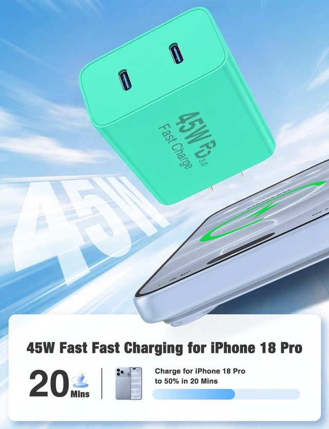 Alt view image 2 of 7 - deloni 45W USB C Fast Charger for iPhone 17/16/15 Pro Max Charger,2-Pack PD 3.0 Dual Port Wall Charger Block with 3Ft+6Ft+10Ft USB C Cable,Super Fast Charging for iPhone 17/16/15/Air Series
