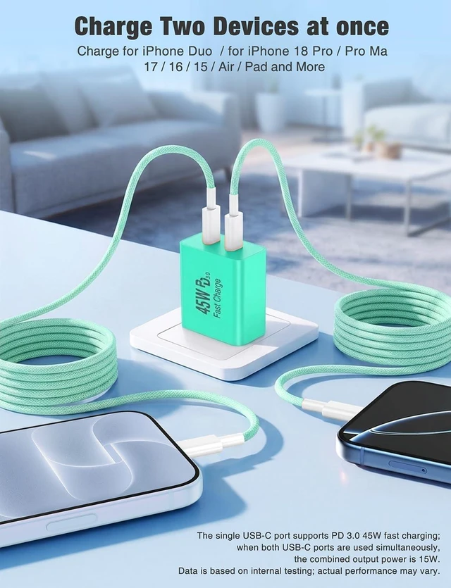 Alt view image 3 of 7 - deloni 45W USB C Fast Charger for iPhone 17/16/15 Pro Max Charger,2-Pack PD 3.0 Dual Port Wall Charger Block with 3Ft+6Ft+10Ft USB C Cable,Super Fast Charging for iPhone 17/16/15/Air Series