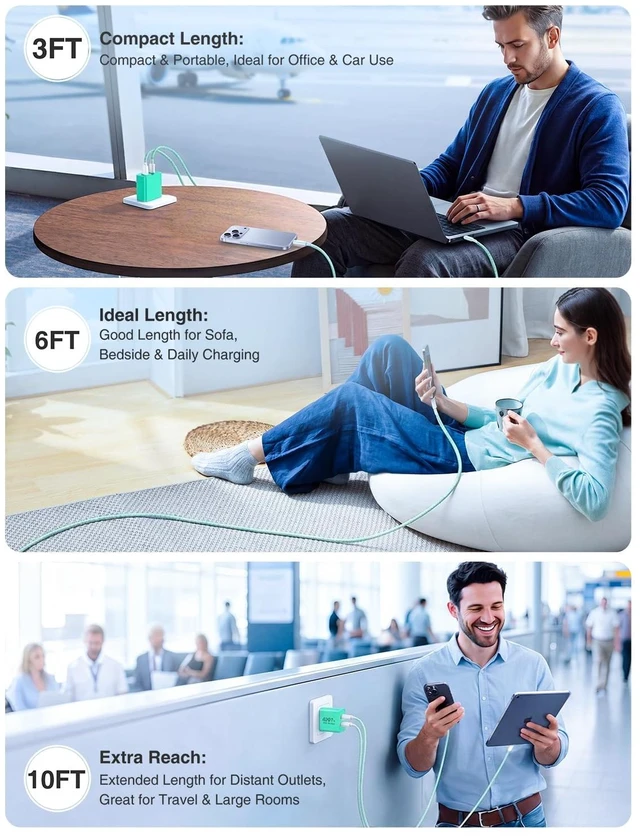 Alt view image 7 of 7 - deloni 45W USB C Fast Charger for iPhone 17/16/15 Pro Max Charger,2-Pack PD 3.0 Dual Port Wall Charger Block with 3Ft+6Ft+10Ft USB C Cable,Super Fast Charging for iPhone 17/16/15/Air Series
