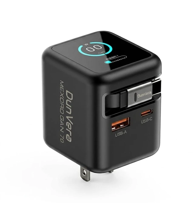 Main image of DunVera Mexord GaN 70W/65W USB C Charger with Retractable Cable & Smart Screen, Digital Display, 3-Port Fast Charging Block, Foldable US Plug, PD 3.0/PPS/QC Support, Compact Travel Design