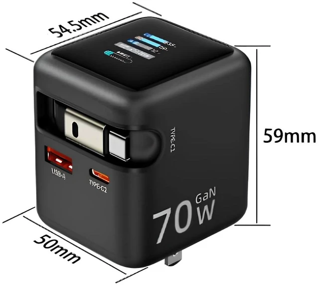 Alt view image 2 of 7 - DunVera Mexord GaN 70W/65W USB C Charger with Retractable Cable & Smart Screen, Digital Display, 3-Port Fast Charging Block, Foldable US Plug, PD 3.0/PPS/QC Support, Compact Travel Design