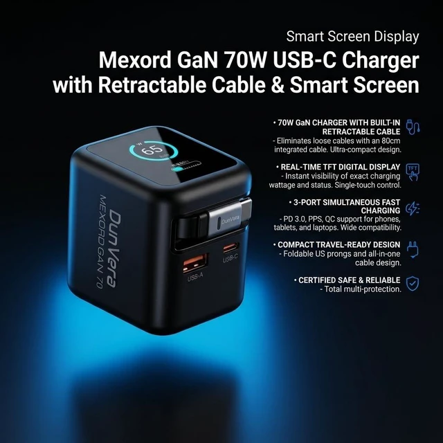 Alt view image 3 of 7 - DunVera Mexord GaN 70W/65W USB C Charger with Retractable Cable & Smart Screen, Digital Display, 3-Port Fast Charging Block, Foldable US Plug, PD 3.0/PPS/QC Support, Compact Travel Design