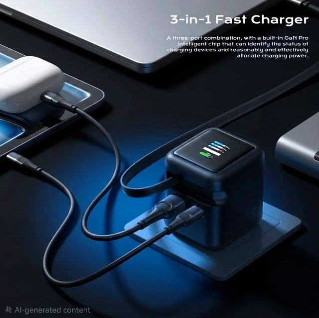 Alt view image 6 of 7 - DunVera Mexord GaN 70W/65W USB C Charger with Retractable Cable & Smart Screen, Digital Display, 3-Port Fast Charging Block, Foldable US Plug, PD 3.0/PPS/QC Support, Compact Travel Design