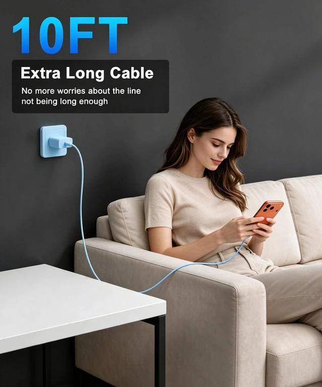 Alt view image 2 of 7 - iPhone 18 17 16 Pro Max Charger Fast Charging 10FT, 20W USB C Charger Block 2 Pack 20W Type C Charger with 10FT Long USB-C to USB-C Woven Charge Cable for iPhone Duo/18 Pro/18 Pro Max/17 16 15 Pro Max