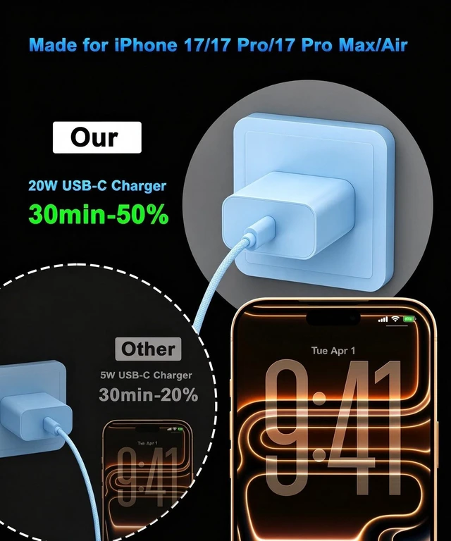 Alt view image 3 of 7 - iPhone 18 17 16 Pro Max Charger Fast Charging 10FT, 20W USB C Charger Block 2 Pack 20W Type C Charger with 10FT Long USB-C to USB-C Woven Charge Cable for iPhone Duo/18 Pro/18 Pro Max/17 16 15 Pro Max