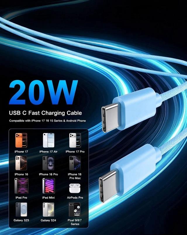 Alt view image 4 of 7 - iPhone 18 17 16 Pro Max Charger Fast Charging 10FT, 20W USB C Charger Block 2 Pack 20W Type C Charger with 10FT Long USB-C to USB-C Woven Charge Cable for iPhone Duo/18 Pro/18 Pro Max/17 16 15 Pro Max