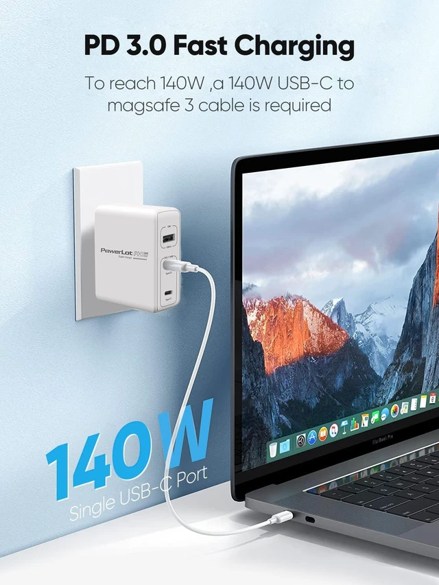 Alt view image 2 of 7 - PowerLot 140W GaN PD Power Adapter,18W USB-A Charger, PD3.1 140W Type C Wall Charger or MacBook Pro 16'', Dell XPS, iPhone 16/15 Pro Max, iPad Pro, Chromebook,Tablet