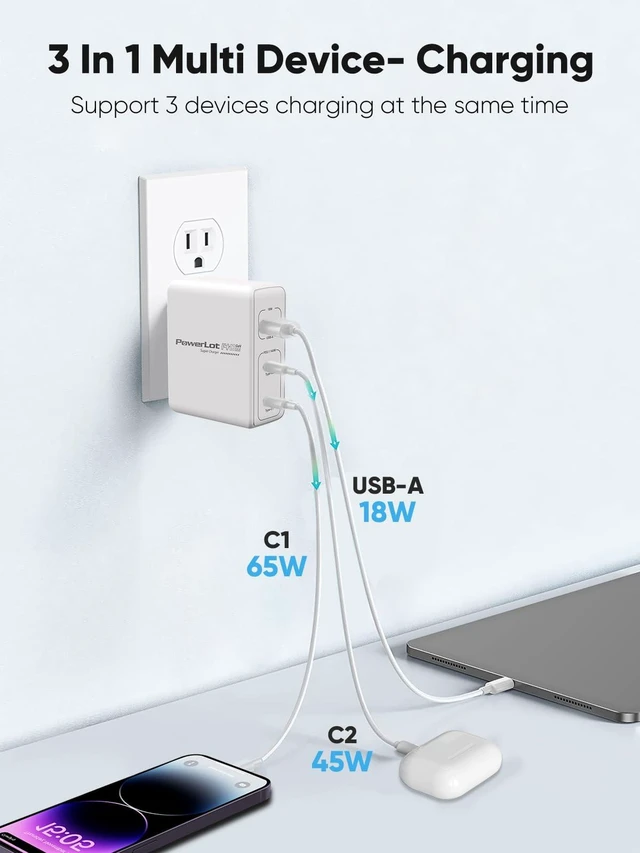 Alt view image 4 of 7 - PowerLot 140W GaN PD Power Adapter,18W USB-A Charger, PD3.1 140W Type C Wall Charger or MacBook Pro 16'', Dell XPS, iPhone 16/15 Pro Max, iPad Pro, Chromebook,Tablet