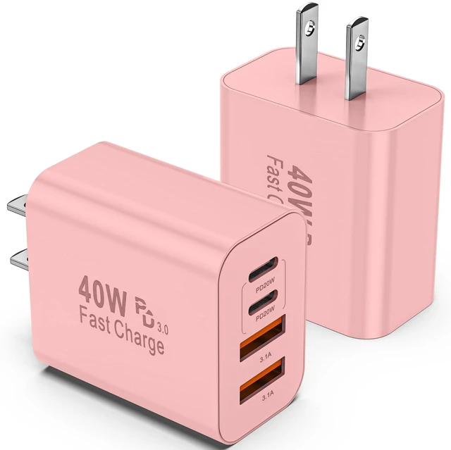 Main image of USB C Charger Block 2 Pack, 40W Fast Charging Block | 2 USB-C + 2 USB-A ports charge 4 devices at once. Compact multi-device wall charger for home, office and travel.(Pink)