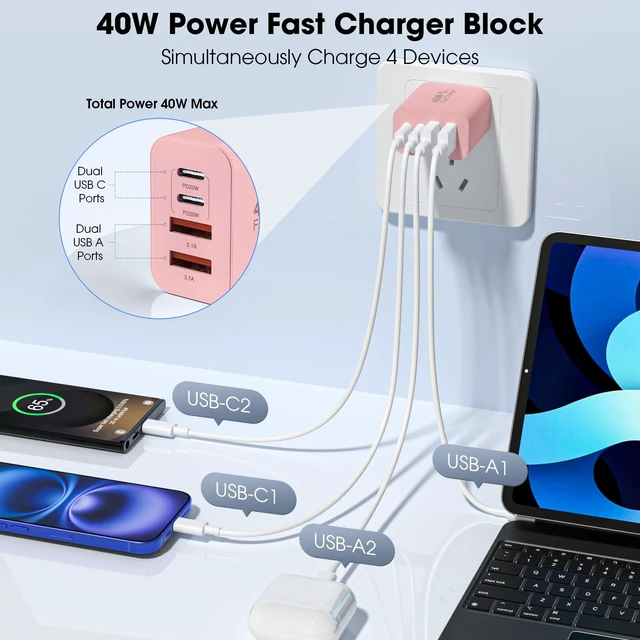 Alt view image 2 of 7 - USB C Charger Block 2 Pack, 40W Fast Charging Block | 2 USB-C + 2 USB-A ports charge 4 devices at once. Compact multi-device wall charger for home, office and travel.(Pink)