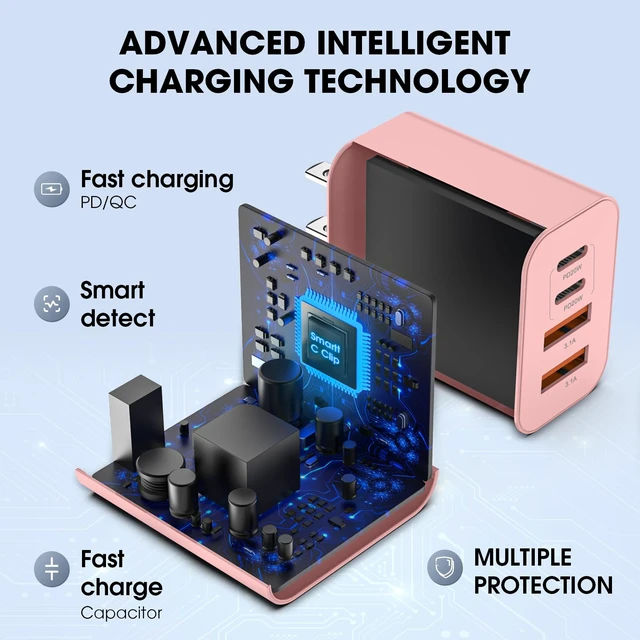 Alt view image 3 of 7 - USB C Charger Block 2 Pack, 40W Fast Charging Block | 2 USB-C + 2 USB-A ports charge 4 devices at once. Compact multi-device wall charger for home, office and travel.(Pink)