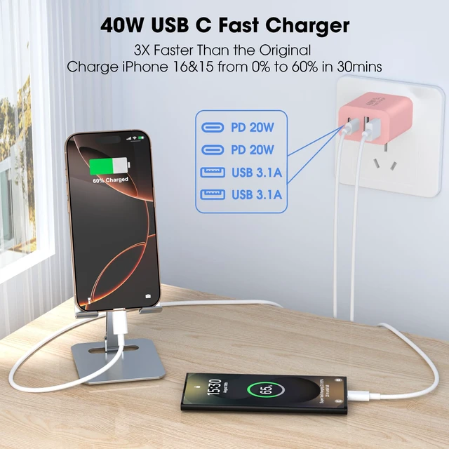 Alt view image 6 of 7 - USB C Charger Block 2 Pack, 40W Fast Charging Block | 2 USB-C + 2 USB-A ports charge 4 devices at once. Compact multi-device wall charger for home, office and travel.(Pink)