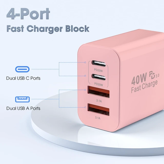 Alt view image 7 of 7 - USB C Charger Block 2 Pack, 40W Fast Charging Block | 2 USB-C + 2 USB-A ports charge 4 devices at once. Compact multi-device wall charger for home, office and travel.(Pink)