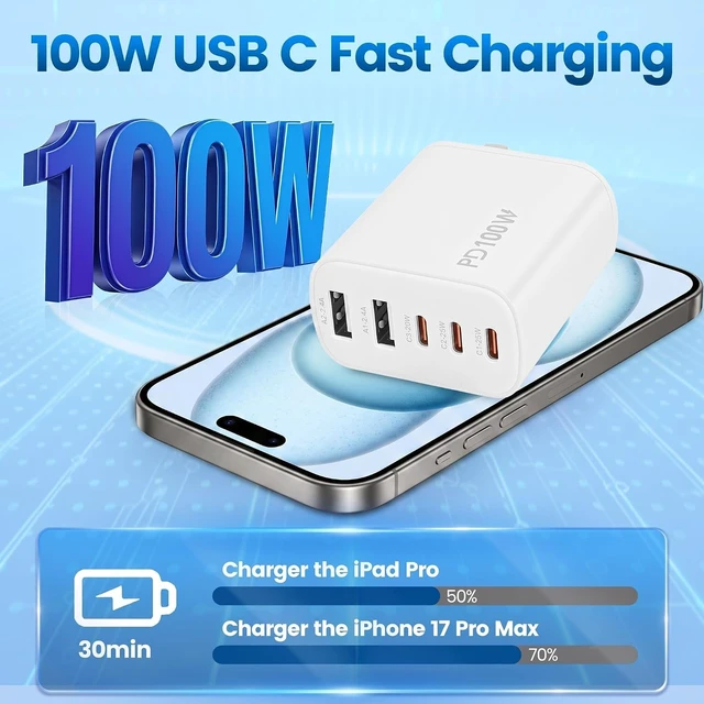 Alt view image 2 of 7 - 5-in-1 Fast Wall Charger, 3Pack 100Watt USB C iPhone Charging Block Adapter | Super Fast Charging Multiport USB C Charger Block for iPhone 18Pro/ProMax/Duo/17Pro Max/17/17 Pro/16/16E/16 ProMax/iPad