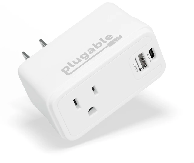 Main image of Plugable Outlet Extender with USB-C & USB-A Fast Charging | Wall Charger Block for iPhone 15/16. Pass-Through Design, Travel & Office