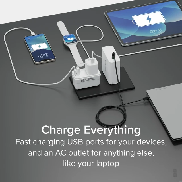 Alt view image 3 of 7 - Plugable Outlet Extender with USB-C & USB-A Fast Charging | Wall Charger Block for iPhone 15/16. Pass-Through Design, Travel & Office