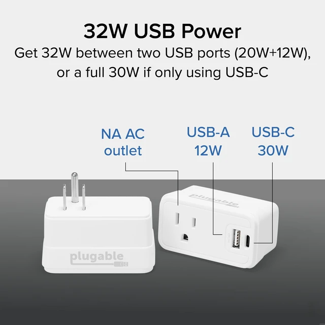 Alt view image 2 of 7 - Plugable Outlet Extender with USB-C & USB-A Fast Charging | Wall Charger Block for iPhone 15/16. Pass-Through Design, Travel & Office