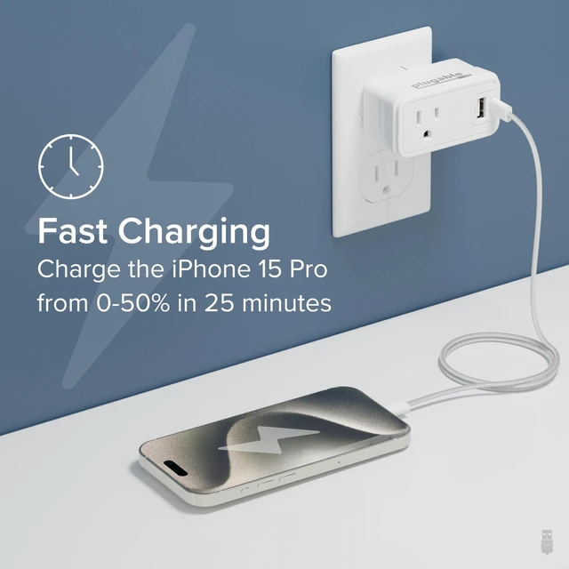 Alt view image 4 of 7 - Plugable Outlet Extender with USB-C & USB-A Fast Charging | Wall Charger Block for iPhone 15/16. Pass-Through Design, Travel & Office