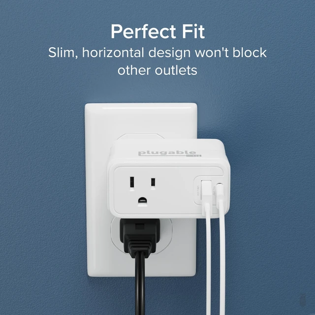 Alt view image 6 of 7 - Plugable Outlet Extender with USB-C & USB-A Fast Charging | Wall Charger Block for iPhone 15/16. Pass-Through Design, Travel & Office