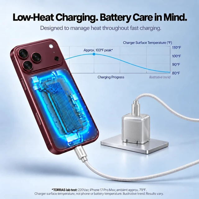 Alt view image 5 of 7 - TORRAS IceNano X for iPhone 18 Pro Max, Duo, 60W GaN AVS USB-C Fast Charger | Silver Compact Charger Block with Cooling Design & Foldable Plug for iPhone 17/16/15/14/13, MacBook Air & iPad Pro Models