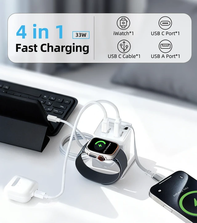 Alt view image 2 of 7 - 4 in 1 Retractable USB-C Wall Charger, for Apple Watch & iPhone &iPad | 30W GaN PD Fast Charger, Built-in 29.5IN Retractable USB-C Cable, Apple Watch Charger, dual USB-A/C ports, Foldable Plug.