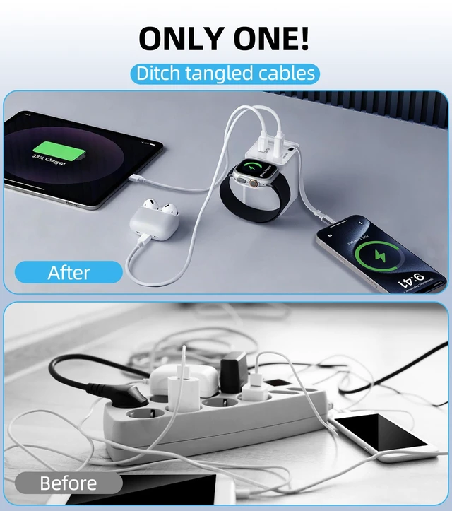 Alt view image 5 of 7 - 4 in 1 Retractable USB-C Wall Charger, for Apple Watch & iPhone &iPad | 30W GaN PD Fast Charger, Built-in 29.5IN Retractable USB-C Cable, Apple Watch Charger, dual USB-A/C ports, Foldable Plug.