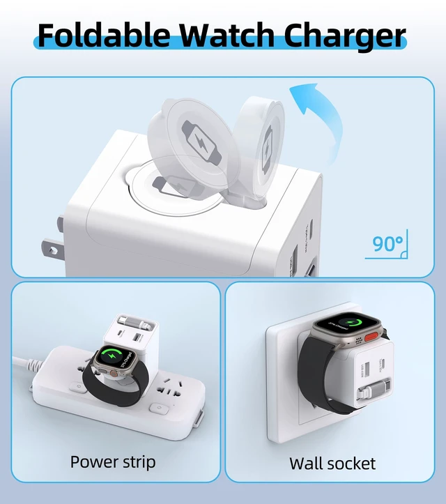 Alt view image 6 of 7 - 4 in 1 Retractable USB-C Wall Charger, for Apple Watch & iPhone &iPad | 30W GaN PD Fast Charger, Built-in 29.5IN Retractable USB-C Cable, Apple Watch Charger, dual USB-A/C ports, Foldable Plug.
