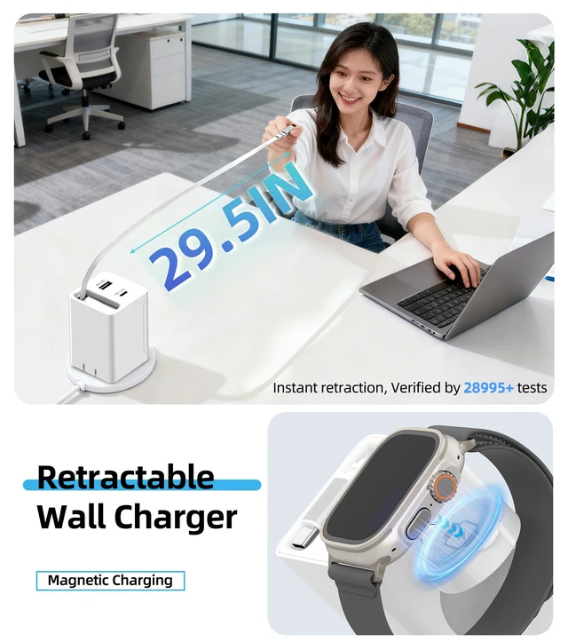 Alt view image 3 of 7 - 4 in 1 Retractable USB-C Wall Charger, for Apple Watch & iPhone &iPad | 30W GaN PD Fast Charger, Built-in 29.5IN Retractable USB-C Cable, Apple Watch Charger, dual USB-A/C ports, Foldable Plug.