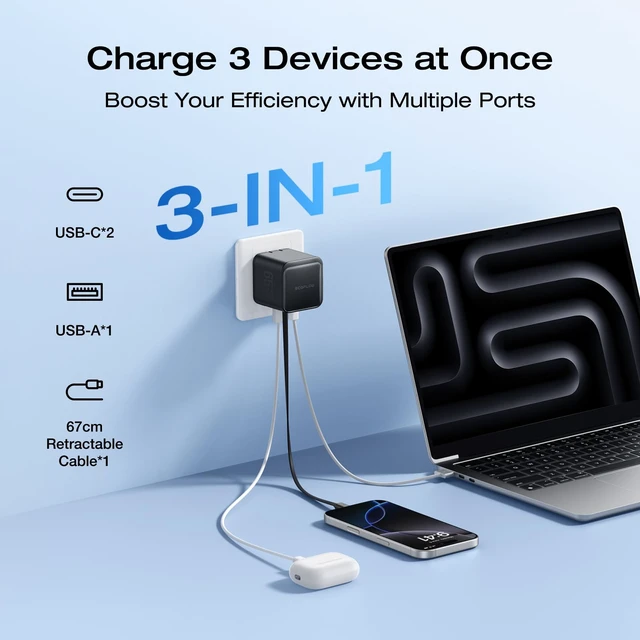 Alt view image 3 of 7 - EF ECOFLOW 65W USB C Charger with Retractable Cable, 3-in-1 Phone Charger with Type C Cable, 2-Port Fast Charger Compatible with iPhone 17 16 Pro Max, iPad, Galaxy S25, Steam Deck (Black)