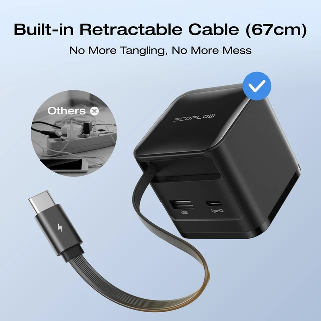 Alt view image 4 of 7 - EF ECOFLOW 65W USB C Charger with Retractable Cable, 3-in-1 Phone Charger with Type C Cable, 2-Port Fast Charger Compatible with iPhone 17 16 Pro Max, iPad, Galaxy S25, Steam Deck (Black)