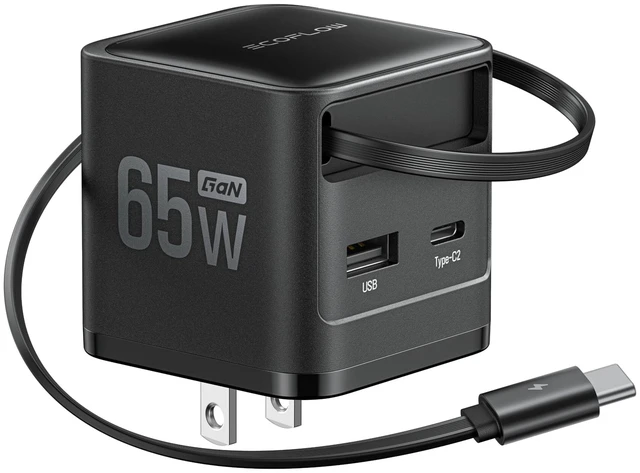 Main image of EF ECOFLOW 65W USB C Charger with Retractable Cable, 3-in-1 Phone Charger with Type C Cable, 2-Port Fast Charger Compatible with iPhone 17 16 Pro Max, iPad, Galaxy S25, Steam Deck (Black)