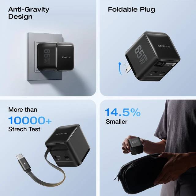 Alt view image 7 of 7 - EF ECOFLOW 65W USB C Charger with Retractable Cable, 3-in-1 Phone Charger with Type C Cable, 2-Port Fast Charger Compatible with iPhone 17 16 Pro Max, iPad, Galaxy S25, Steam Deck (Black)