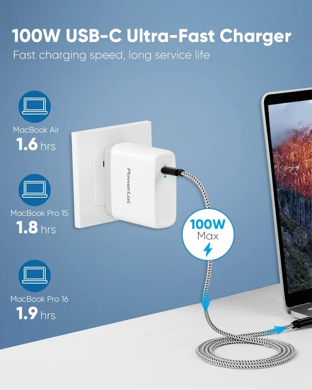 Alt view image 2 of 7 - 100W USB C Charger PowerLot Fast Wall Charger PD 3.0 GaN Type C Charging, Power Adapter with 5A 6ft Cable, Universal Charger Block for MacBook, iPad, iPhone 14, Pixel, Chromebook and USB-C Laptops
