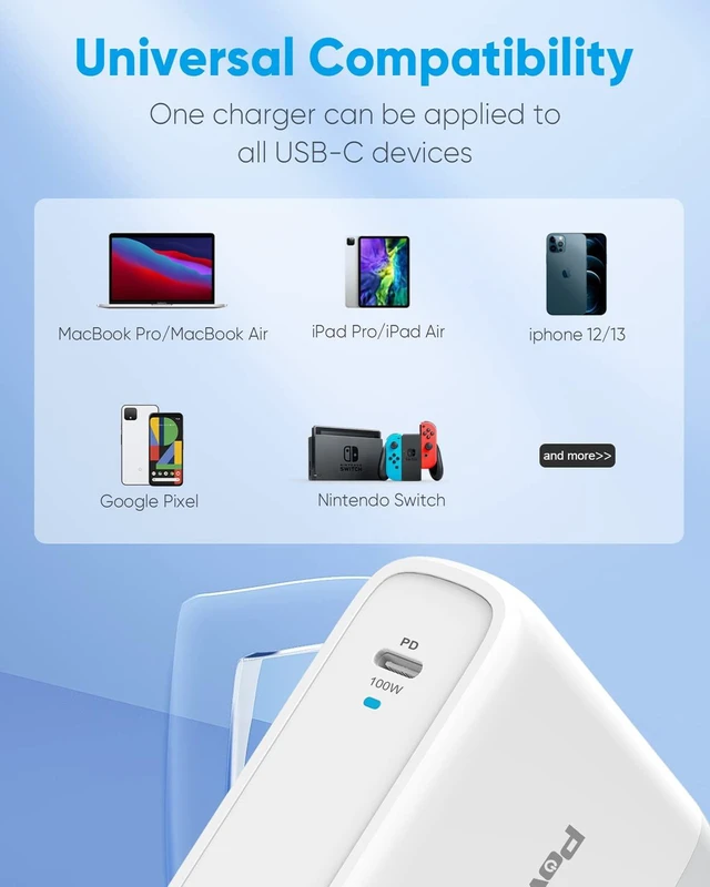 Alt view image 5 of 7 - 100W USB C Charger PowerLot Fast Wall Charger PD 3.0 GaN Type C Charging, Power Adapter with 5A 6ft Cable, Universal Charger Block for MacBook, iPad, iPhone 14, Pixel, Chromebook and USB-C Laptops