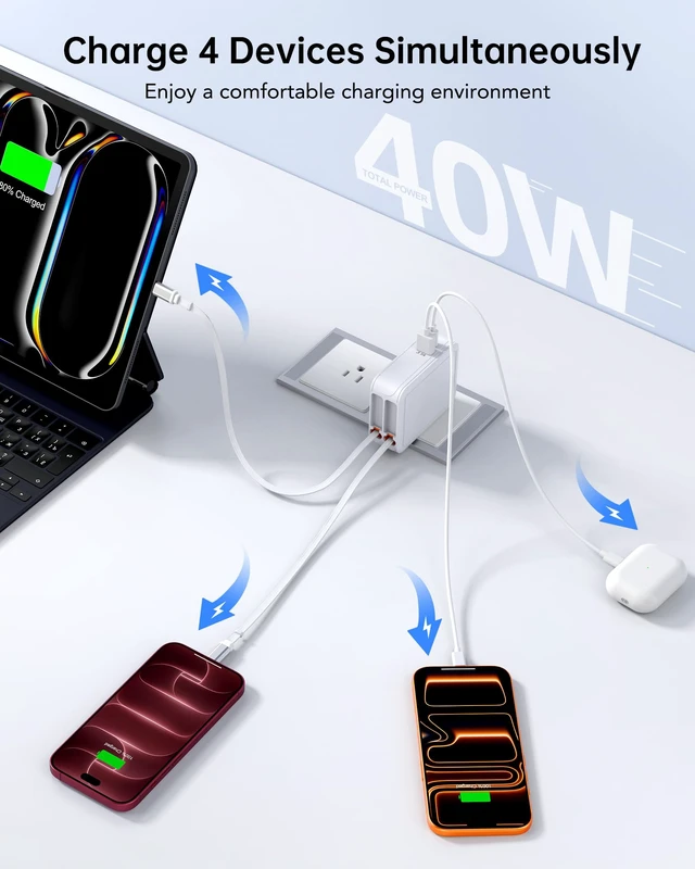 Alt view image 3 of 7 - 40W Ultra-Compact Retractable Charger with 2 Built-in USB-C Cables (31.5") PD25W+QC3.0, Foldable Plug for Travel, Fast 4-in-1 Retractable USB C Wall Charger for iPhone 18 17 16 15 Pro Max,iPad,Galaxy