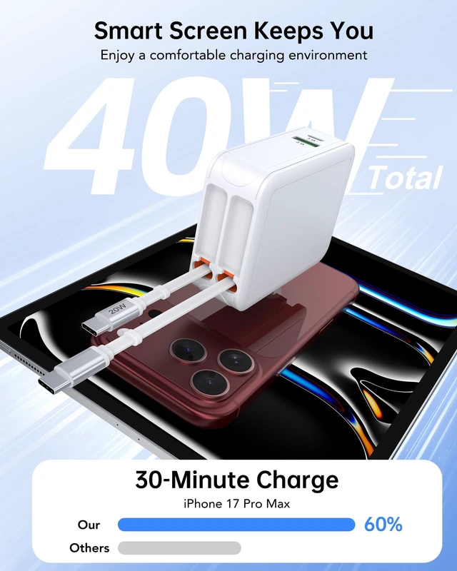 Alt view image 4 of 7 - 40W Ultra-Compact Retractable Charger with 2 Built-in USB-C Cables (31.5") PD25W+QC3.0, Foldable Plug for Travel, Fast 4-in-1 Retractable USB C Wall Charger for iPhone 18 17 16 15 Pro Max,iPad,Galaxy
