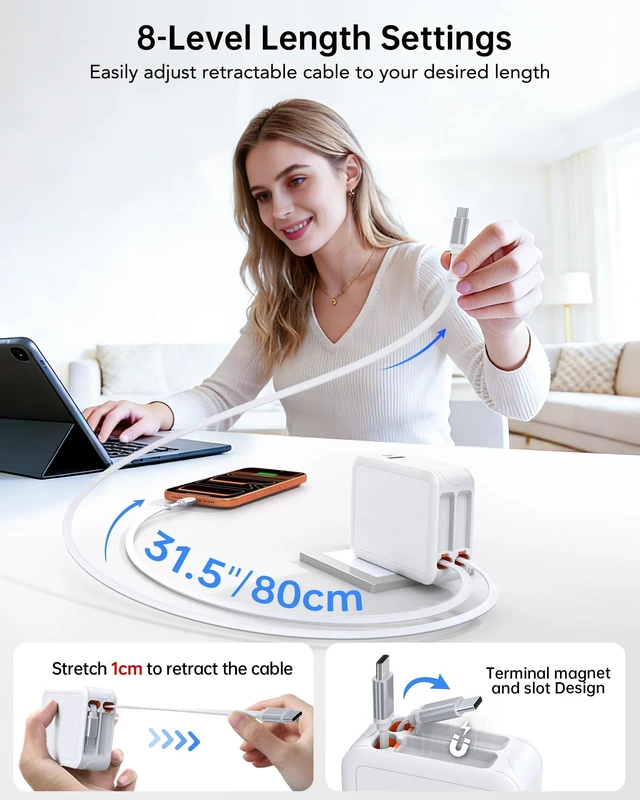 Alt view image 5 of 7 - 40W Ultra-Compact Retractable Charger with 2 Built-in USB-C Cables (31.5") PD25W+QC3.0, Foldable Plug for Travel, Fast 4-in-1 Retractable USB C Wall Charger for iPhone 18 17 16 15 Pro Max,iPad,Galaxy