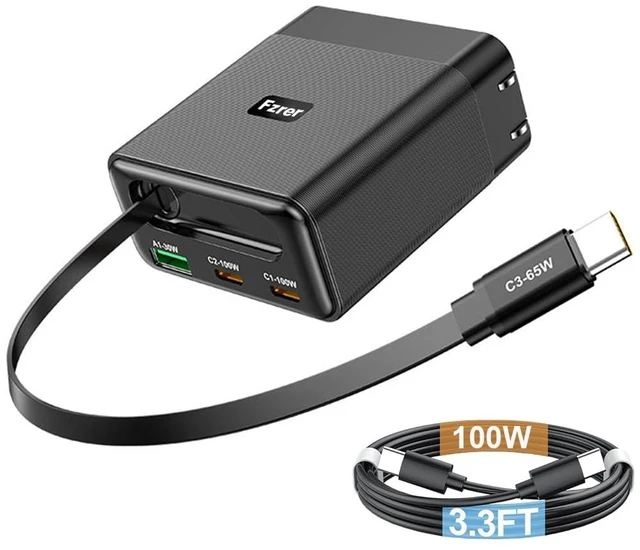 Main image of Fzrer 100W GaN USB C Fast Wall Charger with Retractable Cable | Built-in 65W 2.3FT Type-C Charging Cable, Dual 100W Type C + 30W USB Port with 3.3FT Long 100W Type C Charger Cable