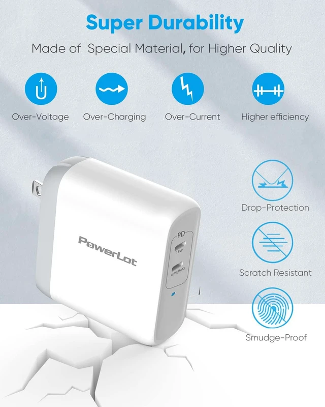 Alt view image 4 of 7 - USB C Wall Charger, PowerLot 68W 2-Port GaN PD 3.0 USB C Charger Block, 60W USB C Power Adapter for MacBook Pro, Fast Wall Charger for iPhone 15 pro max,iPhone14/13/12 Pro Max, iPad Pro,iWatch,iPods