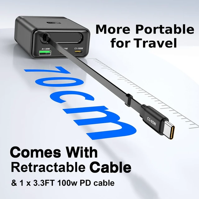 Alt view image 3 of 7 - Fzrer 100W GaN USB C Fast Wall Charger with Retractable Cable | Built-in 65W 2.3FT Type-C Charging Cable, Dual 100W Type C + 30W USB Port with 3.3FT Long 100W Type C Charger Cable
